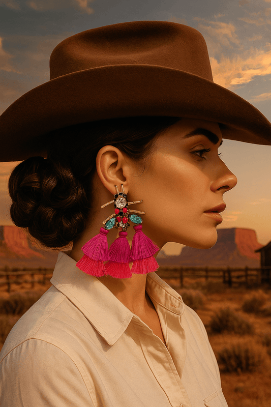 Rhinestone and Tassel Fuchsia Bee Earrings - Cowgirltops.com