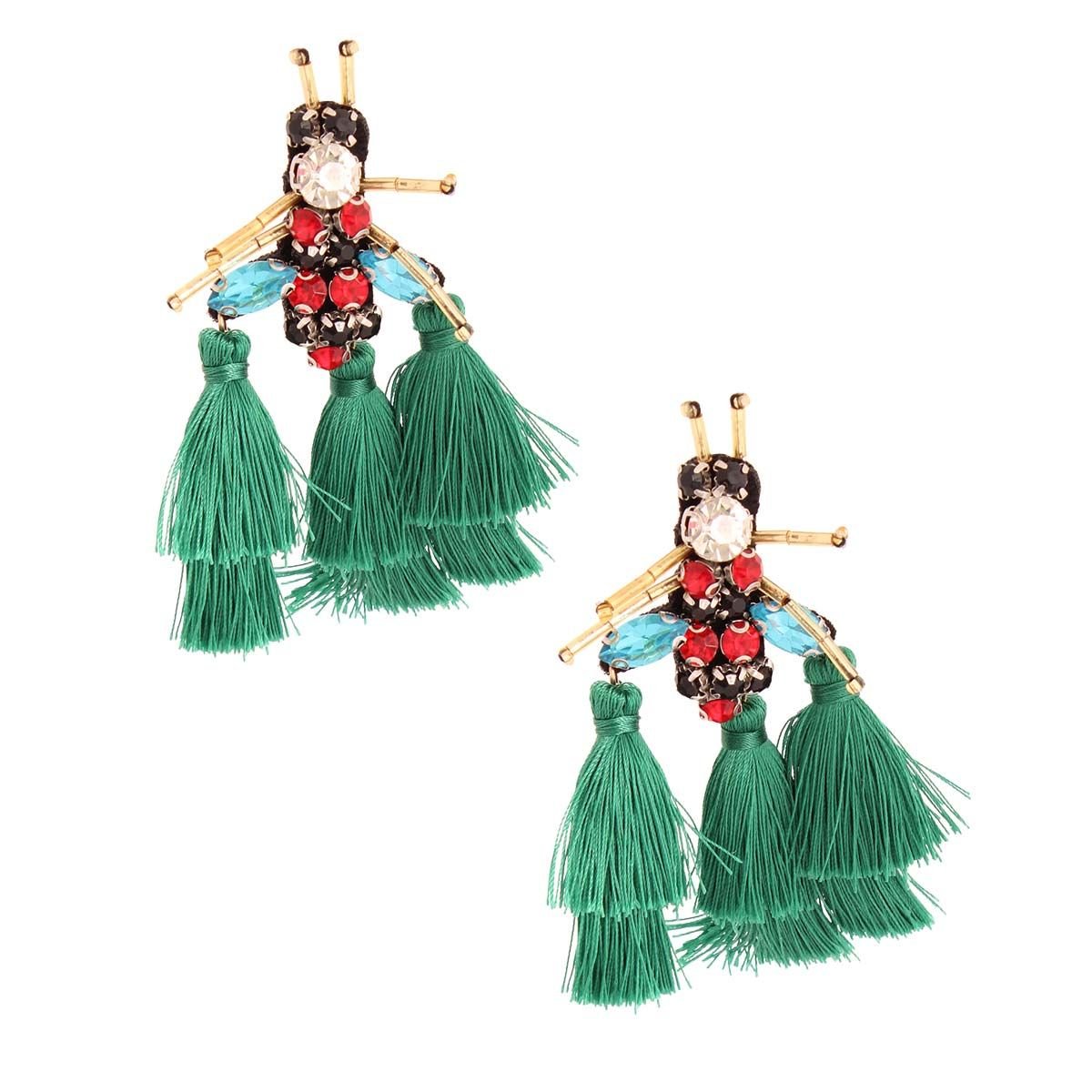 Rhinestone and Tassel Green Bee Earrings - Cowgirltops.com