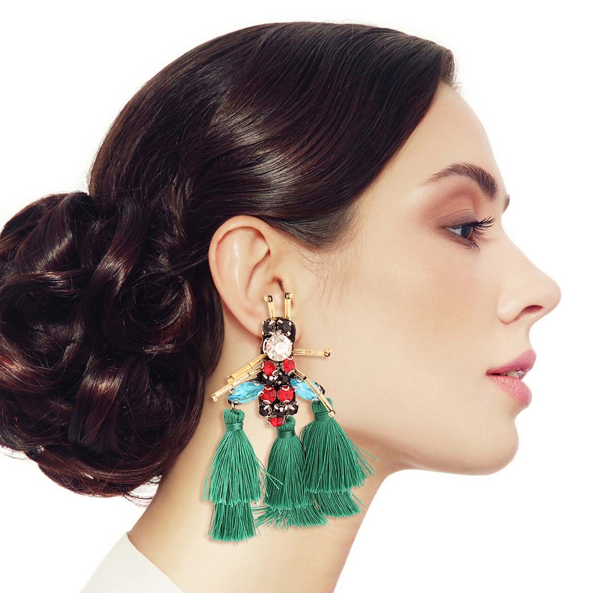 Rhinestone and Tassel Green Bee Earrings - Cowgirltops.com