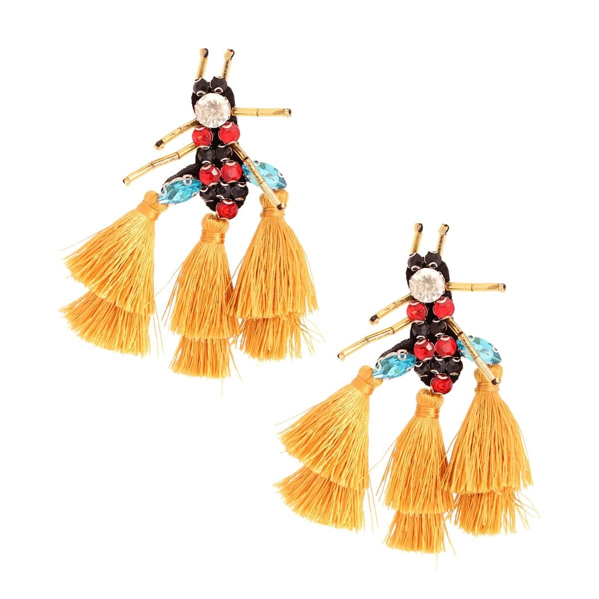 Rhinestone and Tassel Mustard Bee Earrings - Cowgirltops.com