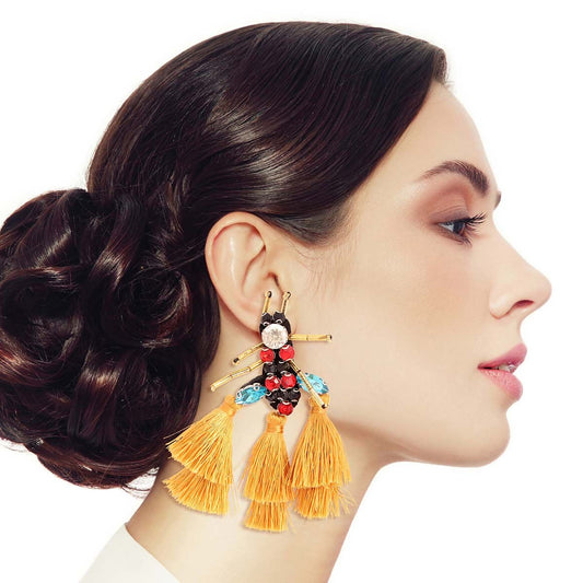 Rhinestone and Tassel Mustard Bee Earrings - Cowgirltops.com