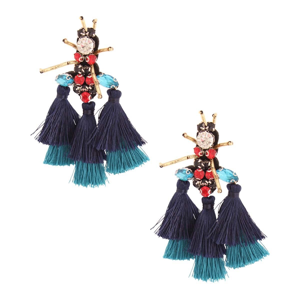 Rhinestone and Tassel Navy Bee Earrings - Cowgirltops.com