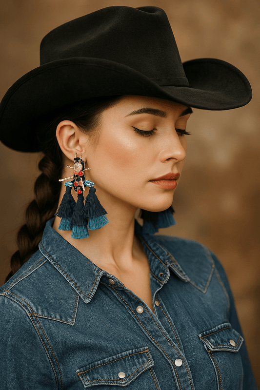 Rhinestone and Tassel Navy Bee Earrings - Cowgirltops.com