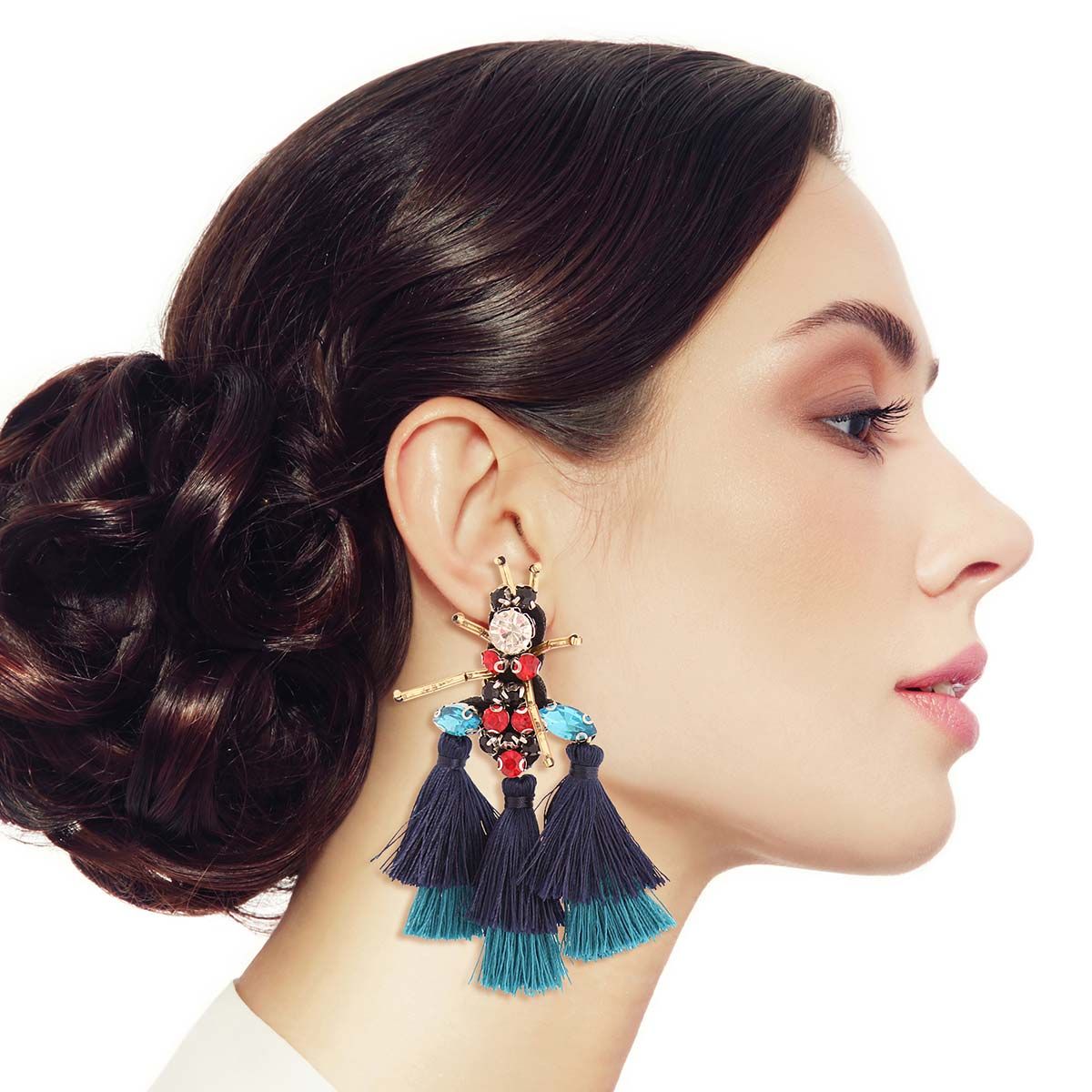Rhinestone and Tassel Navy Bee Earrings - Cowgirltops.com