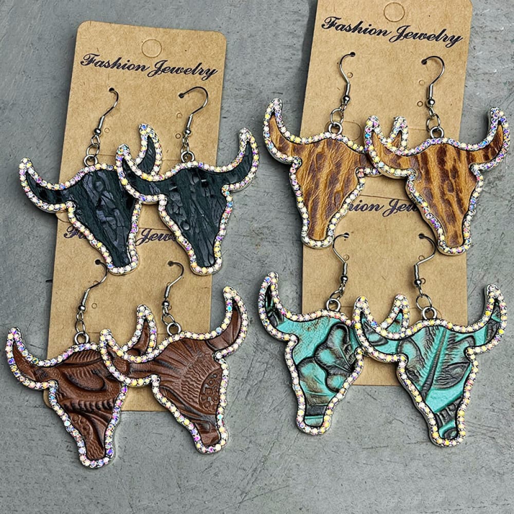 Rhinestone Trim Alloy Bull Earrings - Cowgirltops.com