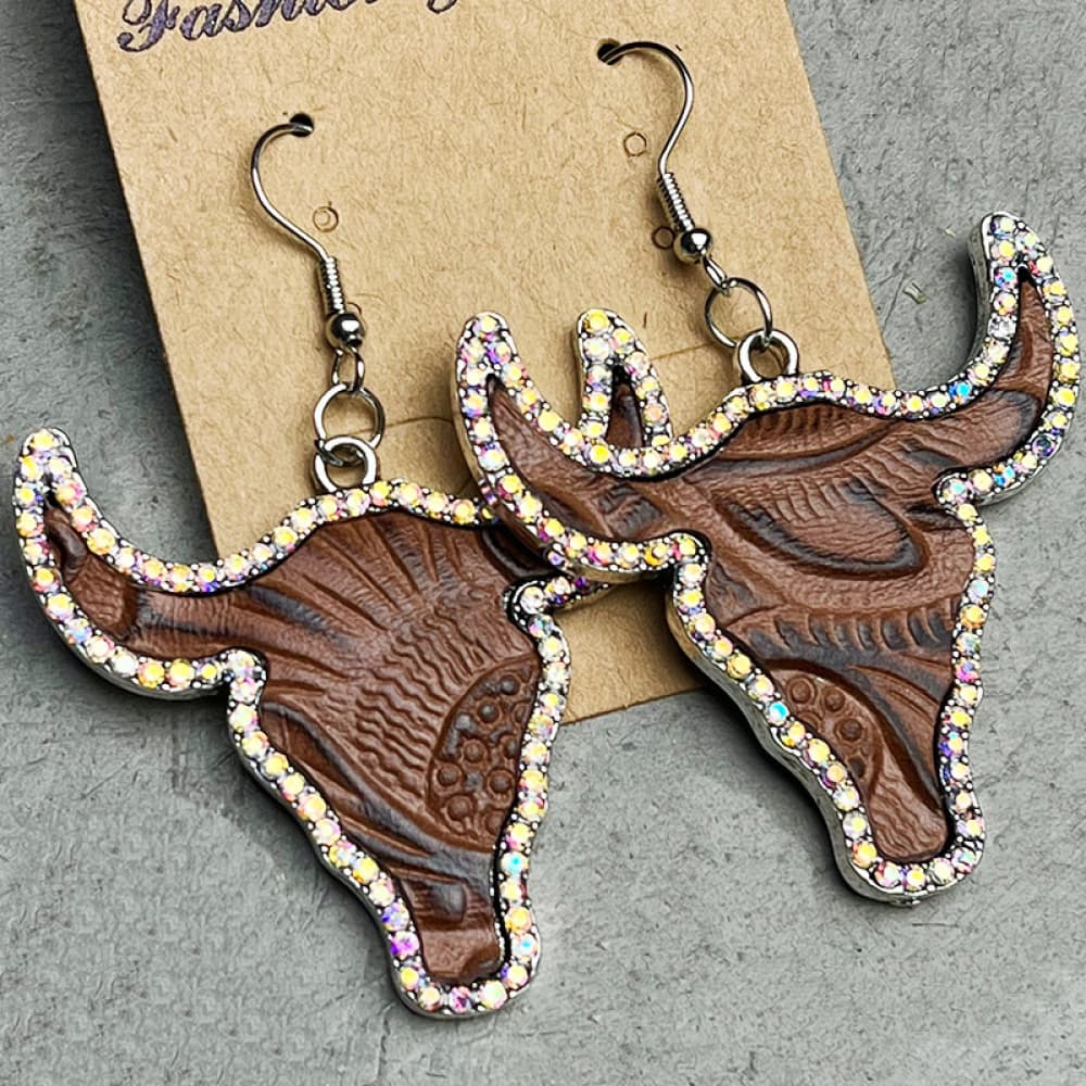 Rhinestone Trim Alloy Bull Earrings - Cowgirltops.com