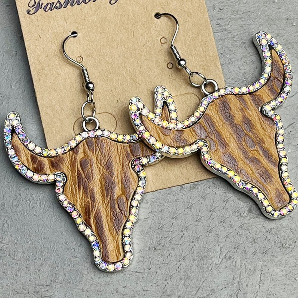 Rhinestone Trim Alloy Bull Earrings - Cowgirltops.com