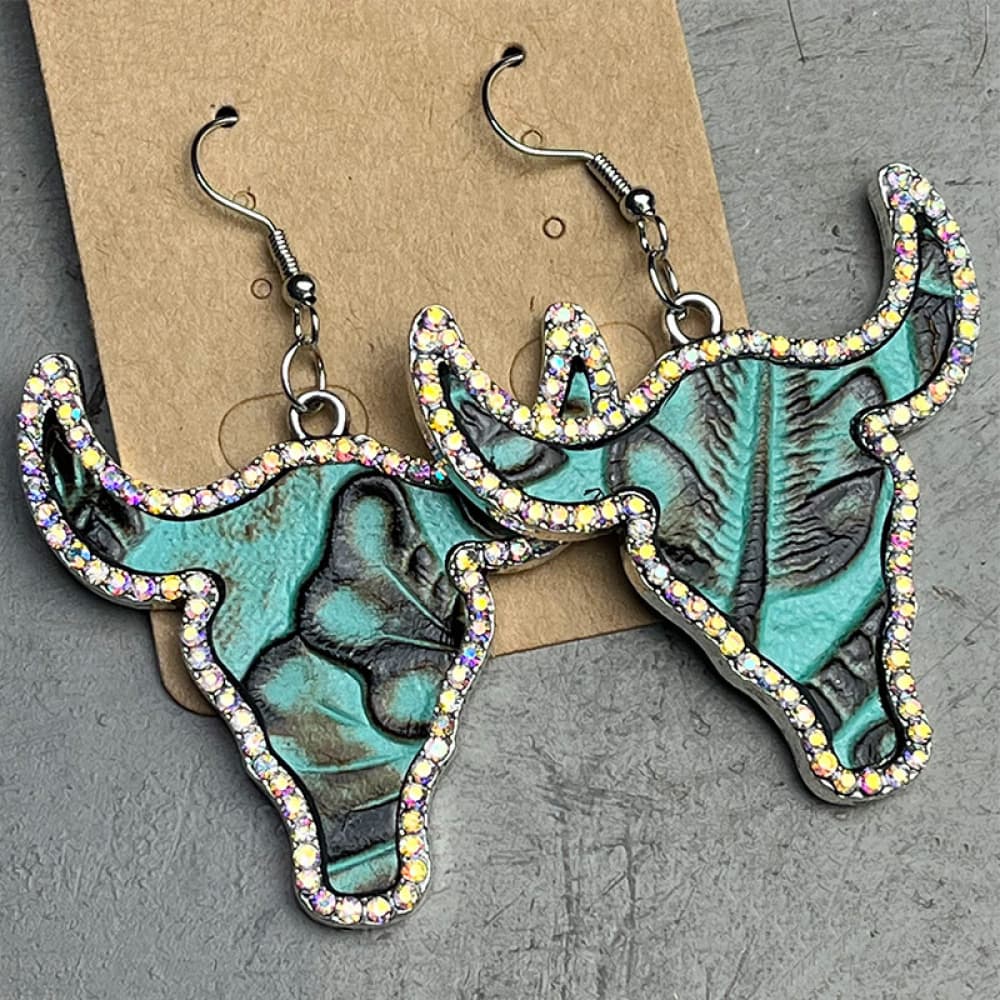Rhinestone Trim Alloy Bull Earrings - Cowgirltops.com