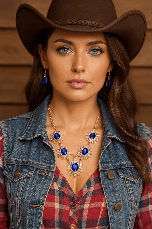 Royal Blue Rhinestone Necklace Set - Cowgirltops.com