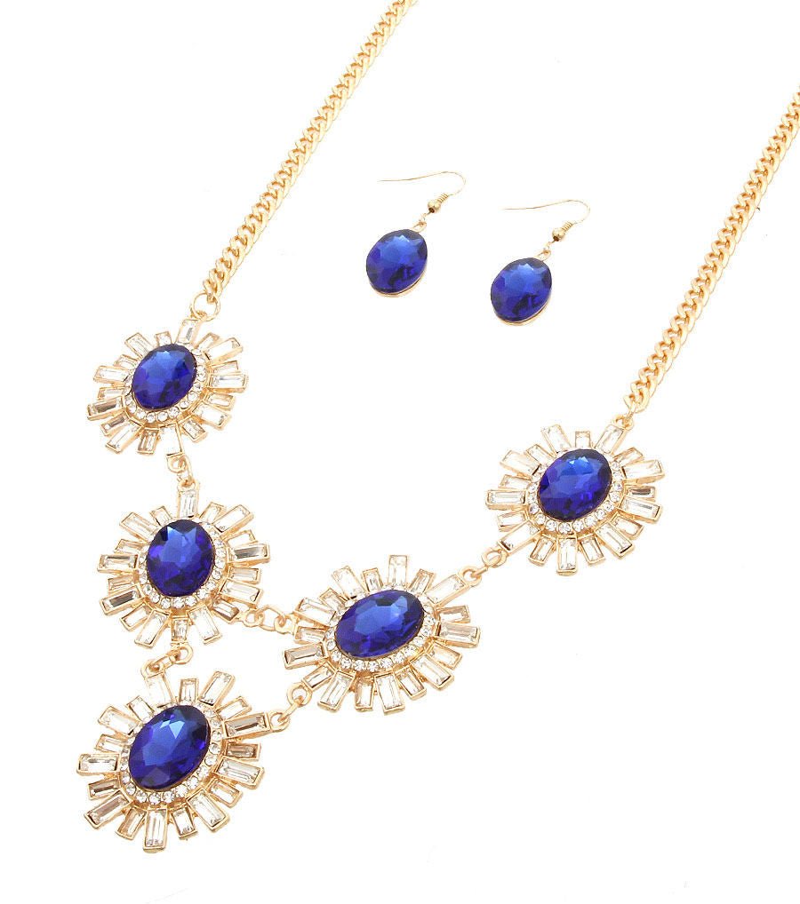 Royal Blue Rhinestone Necklace Set - Cowgirltops.com
