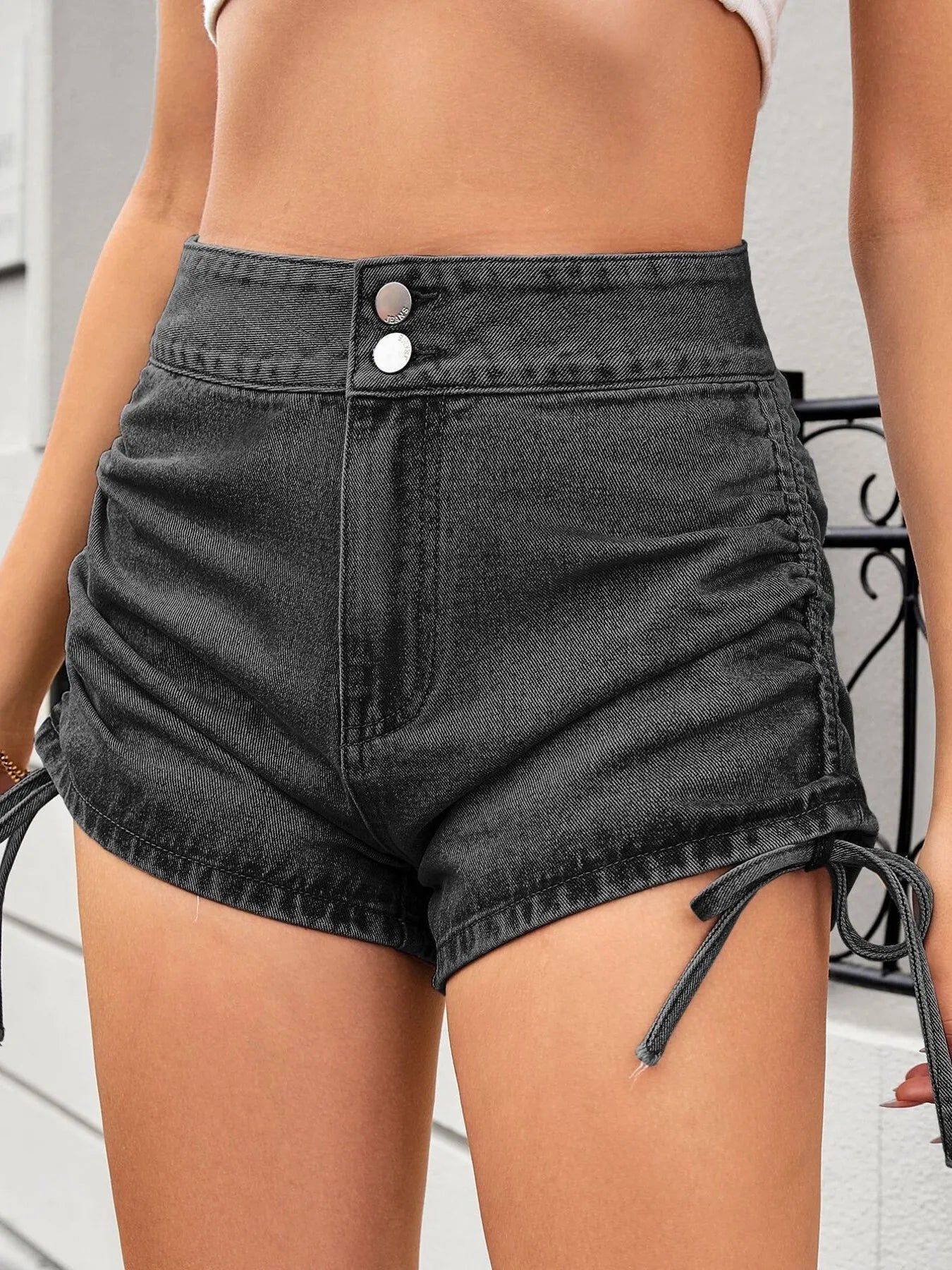 Ruched Side Drawstring Denim Shorts - Cowgirltops.com