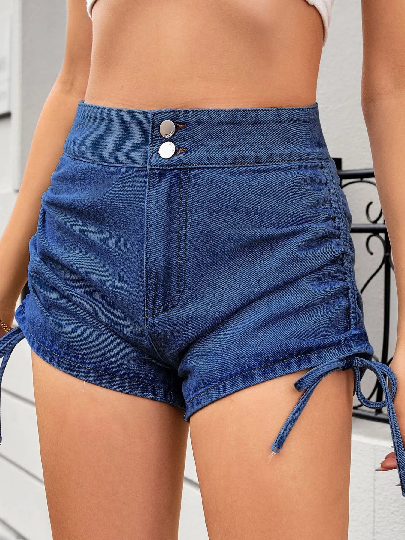 Ruched Side Drawstring Denim Shorts - Cowgirltops.com