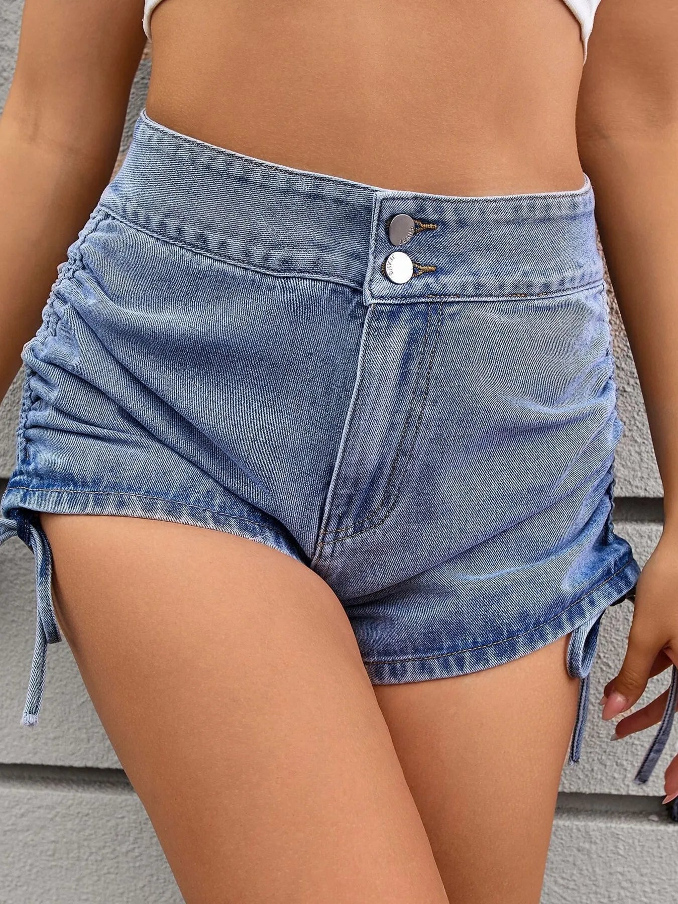 Ruched Side Drawstring Denim Shorts - Cowgirltops.com