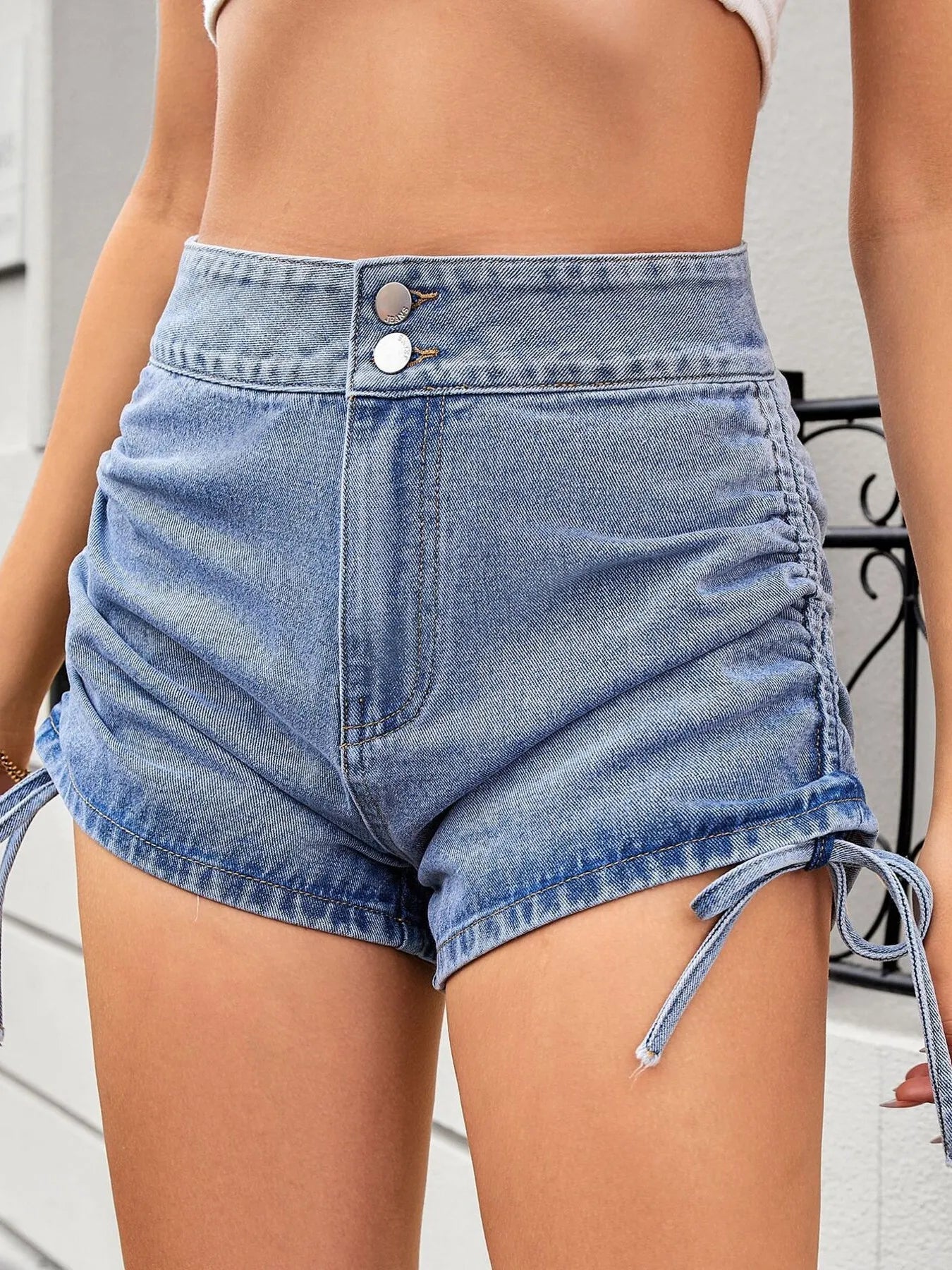 Ruched Side Drawstring Denim Shorts - Cowgirltops.com