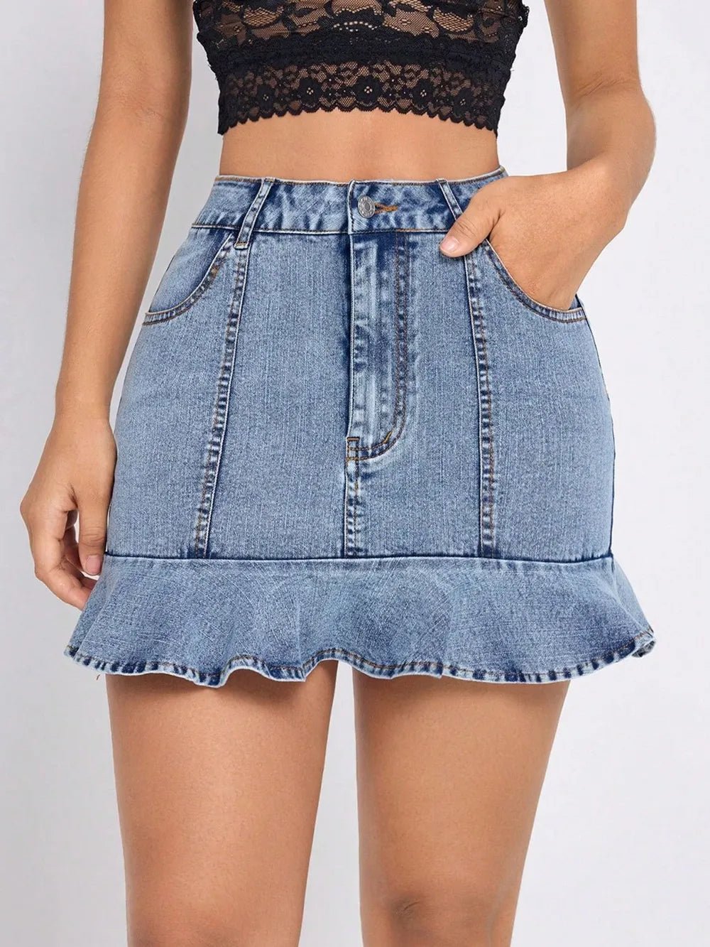Ruffled Hem Denim Mini Skirt - Cowgirltops.com