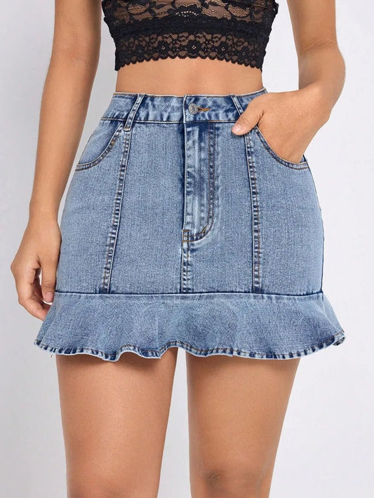 Ruffled Hem Denim Mini Skirt - Cowgirltops.com