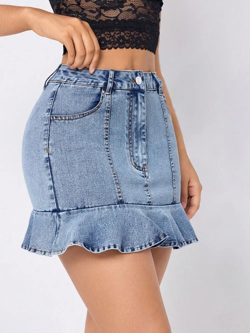 Ruffled Hem Denim Mini Skirt - Cowgirltops.com
