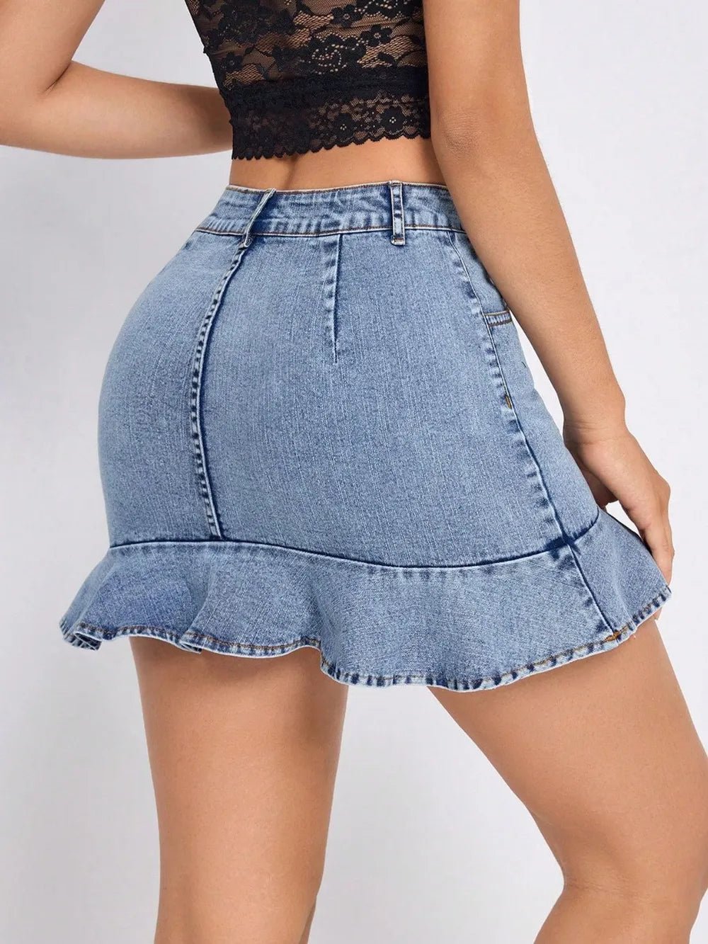 Ruffled Hem Denim Mini Skirt - Cowgirltops.com
