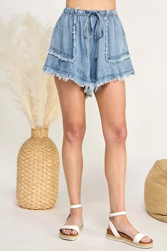 SAGE+FIG Frayed Drawstring Denim Shorts - Cowgirltops.com