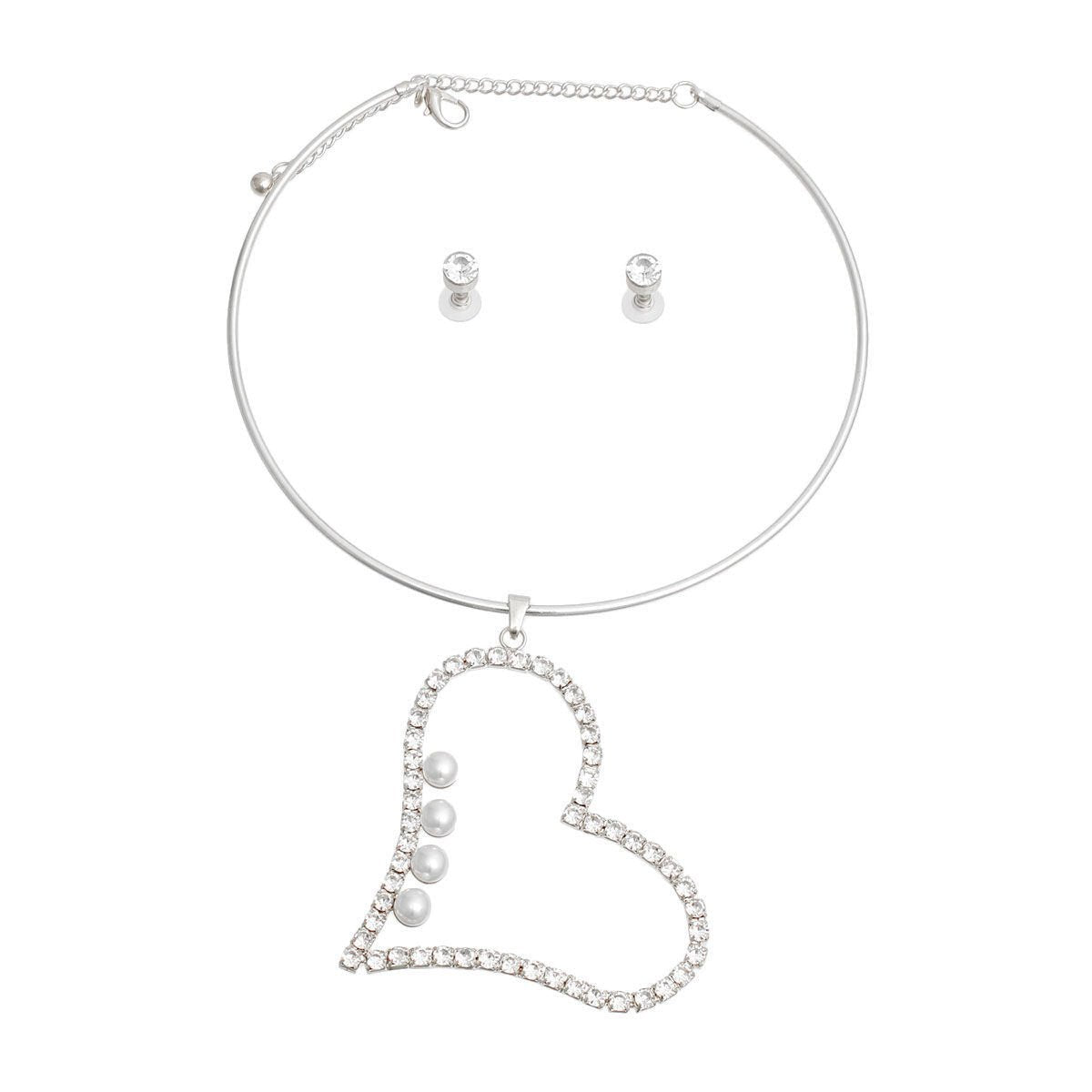 Silver Pearl Rhinestone Heart Choker - Cowgirltops.com