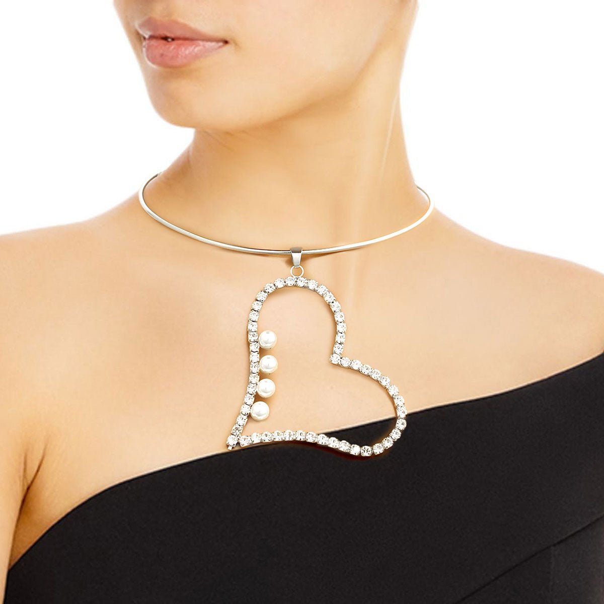 Silver Pearl Rhinestone Heart Choker - Cowgirltops.com
