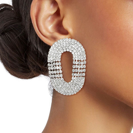 Silver Rhinestone 5 Line Oval Earrings - Cowgirltops.com