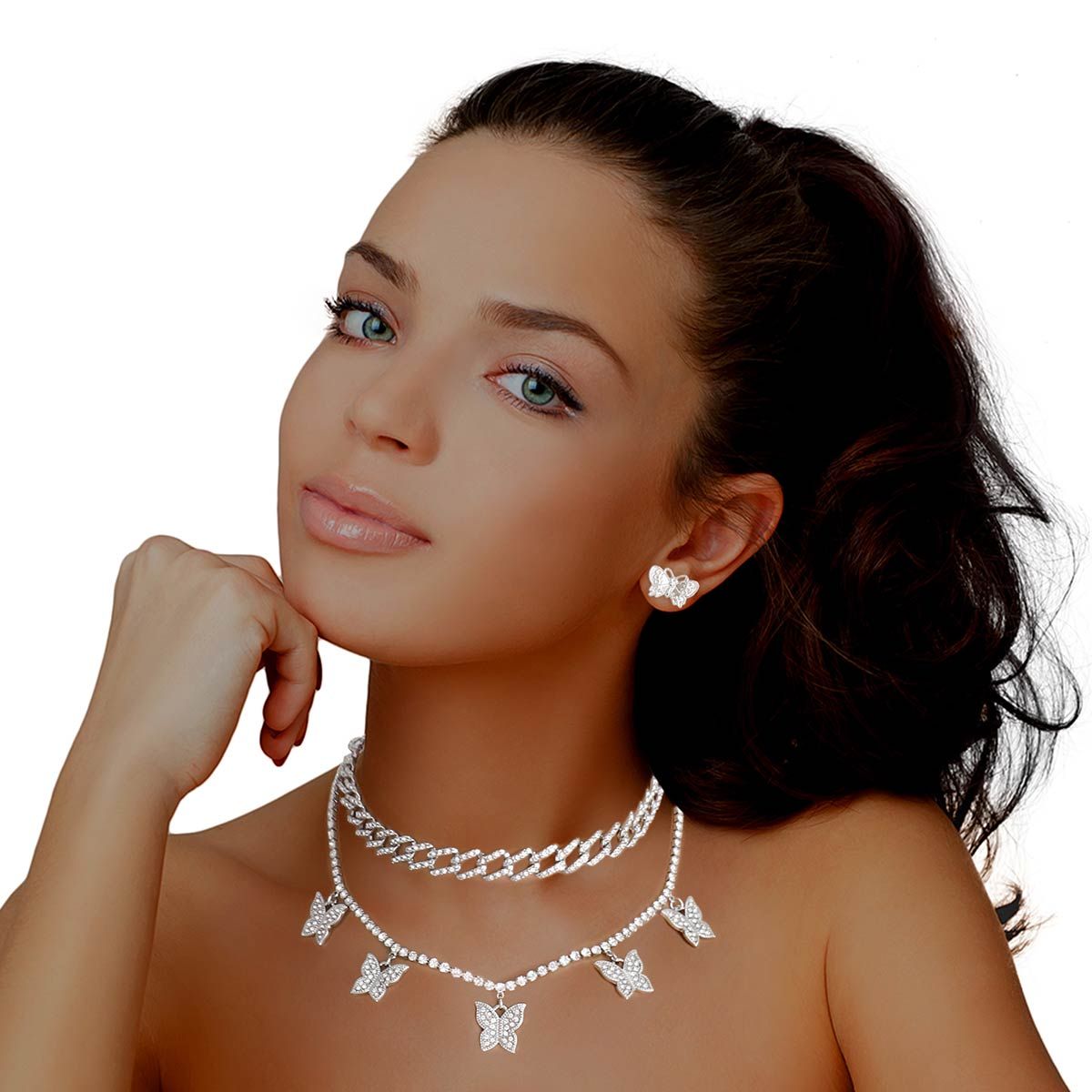 Silver Rhinestone Butterfly Charm Chain 2Pc Set - Cowgirltops.com