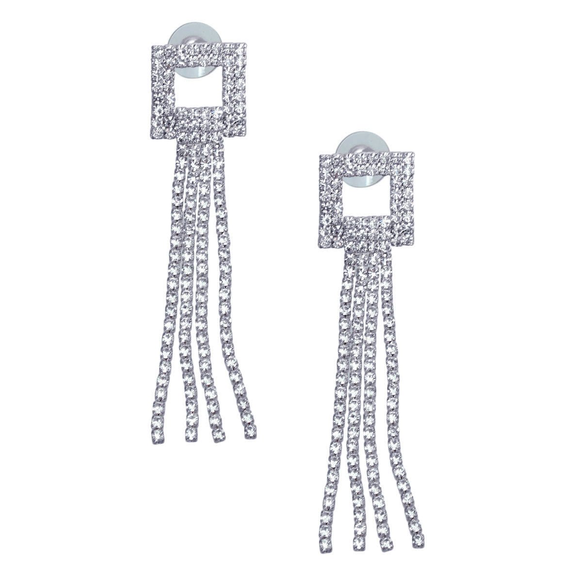 Silver Square Rhinestone Fringe Earrings - Cowgirltops.com