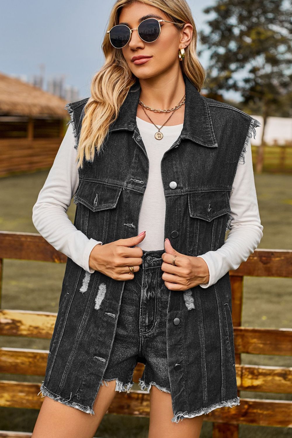 Sleeveless Button - Up Collared Denim Top with Pockets - Cowgirltops.com