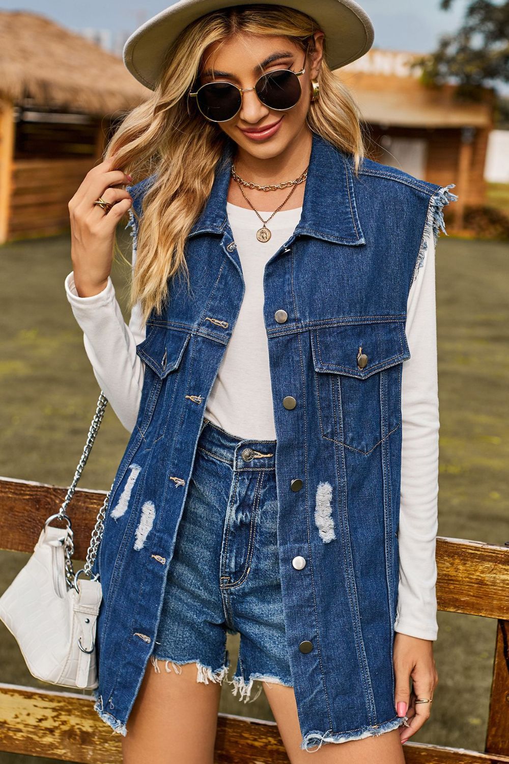 Sleeveless Button - Up Collared Denim Top with Pockets - Cowgirltops.com