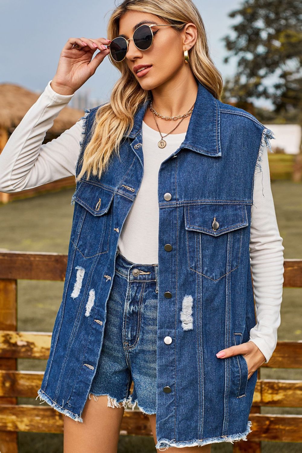 Sleeveless Button - Up Collared Denim Top with Pockets - Cowgirltops.com