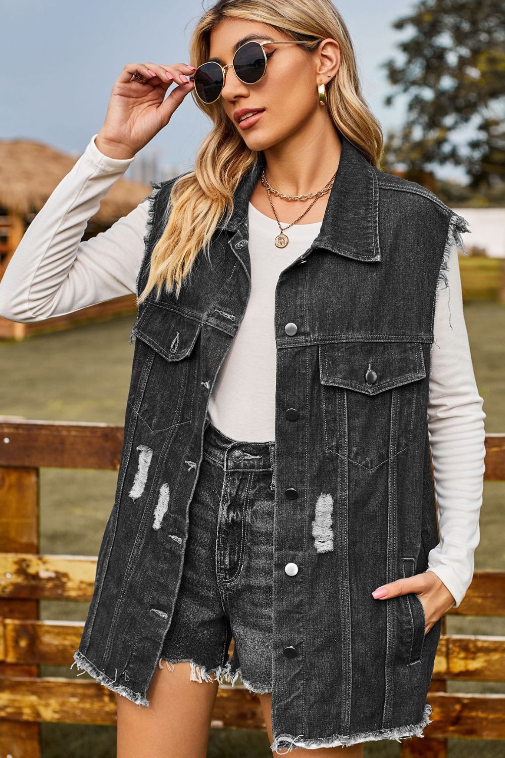 Sleeveless Button - Up Collared Denim Top with Pockets - Cowgirltops.com