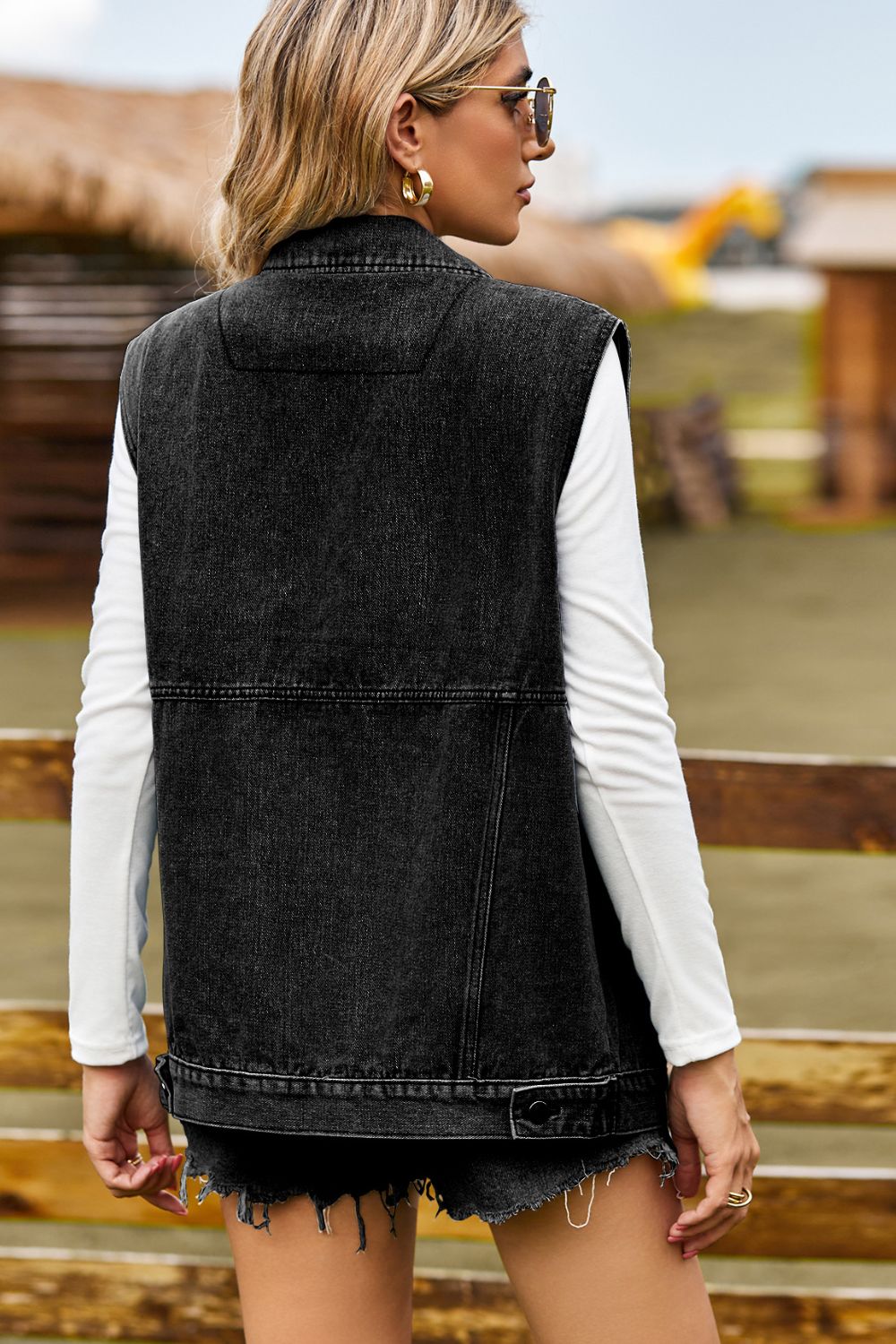 Sleeveless Collared Neck Denim Top with Pockets - Cowgirltops.com