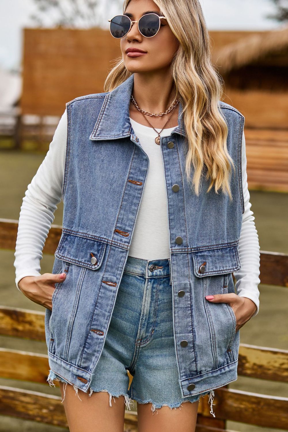 Sleeveless Collared Neck Denim Top with Pockets - Cowgirltops.com