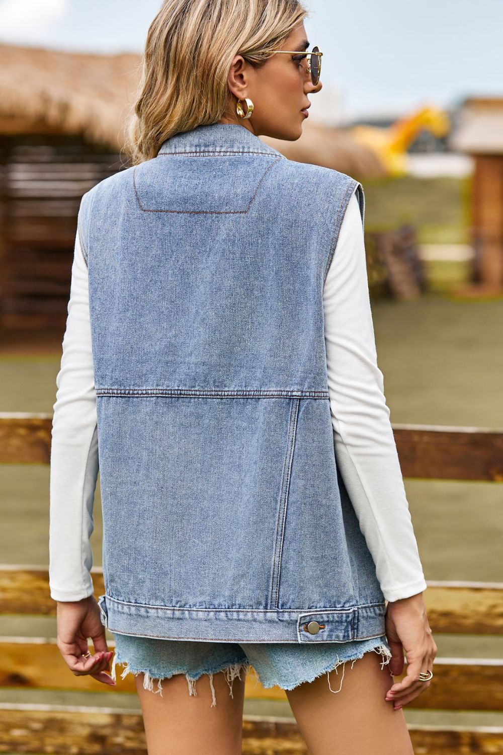 Sleeveless Collared Neck Denim Top with Pockets - Cowgirltops.com