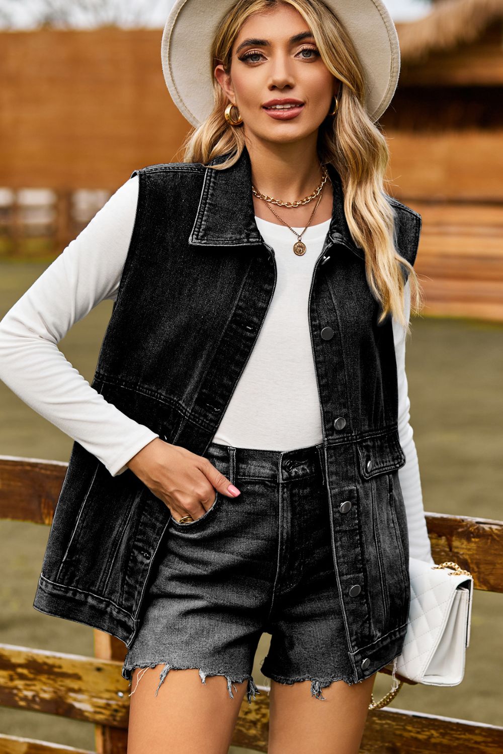 Sleeveless Collared Neck Denim Top with Pockets - Cowgirltops.com