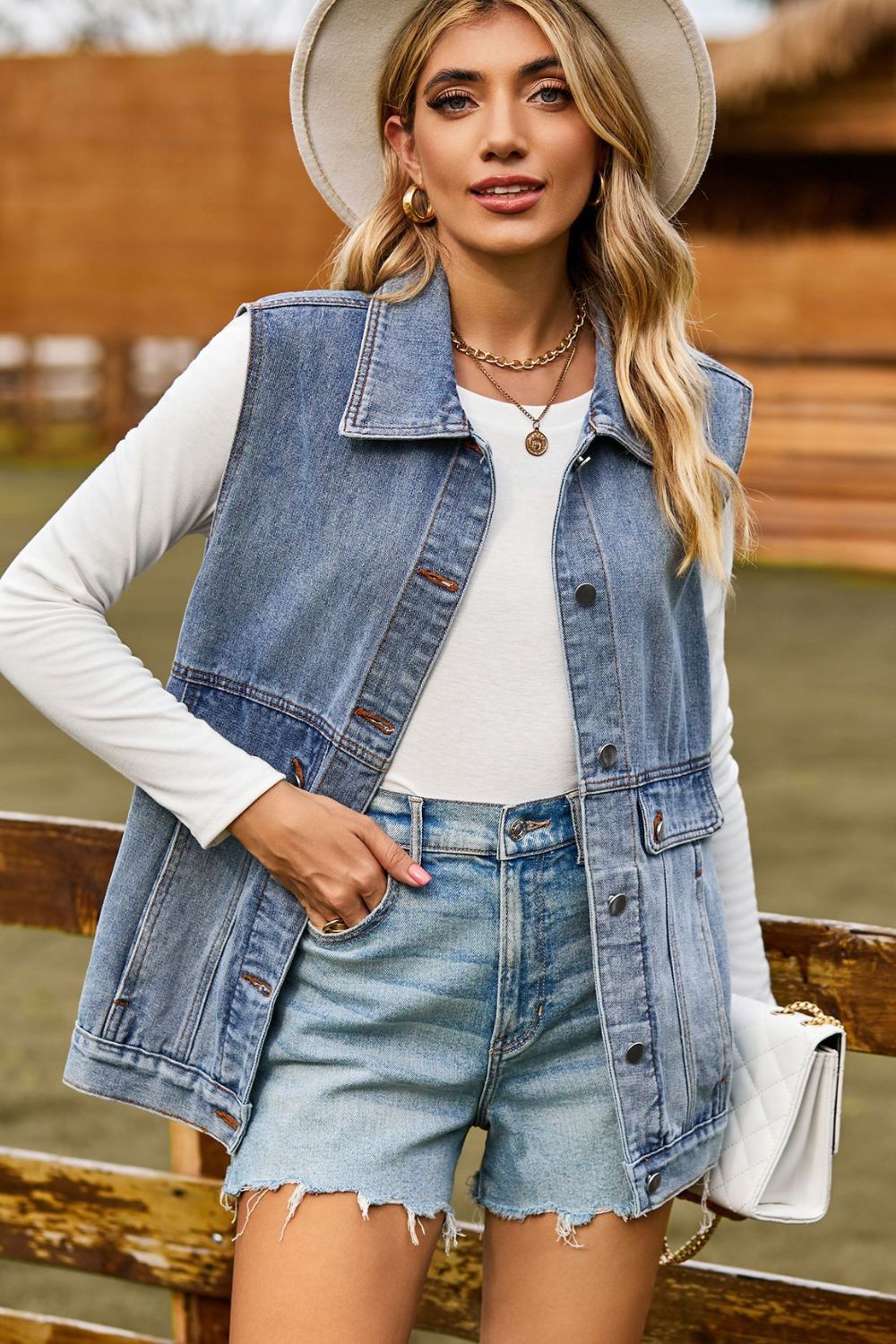 Sleeveless Collared Neck Denim Top with Pockets - Cowgirltops.com