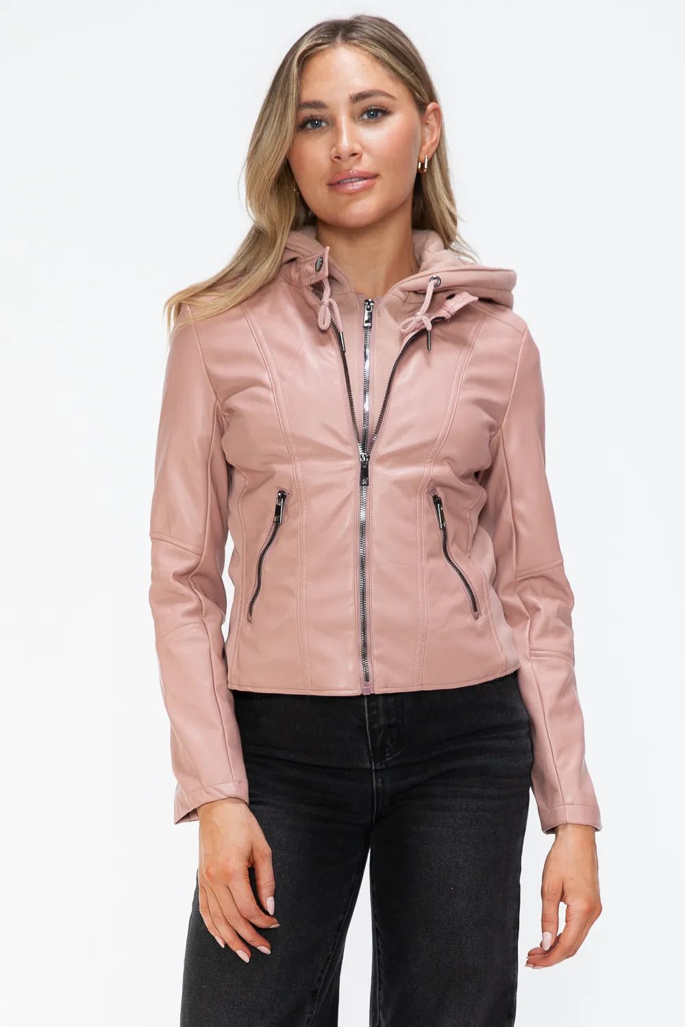 Snobbish Faux Leather Zip Up Drawstring Hooded Jacket - Cowgirltops.com