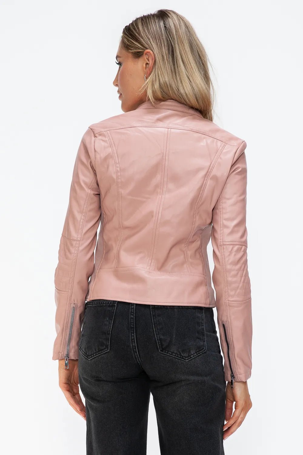 Snobbish Faux Leather Zip Up Drawstring Hooded Jacket - Cowgirltops.com