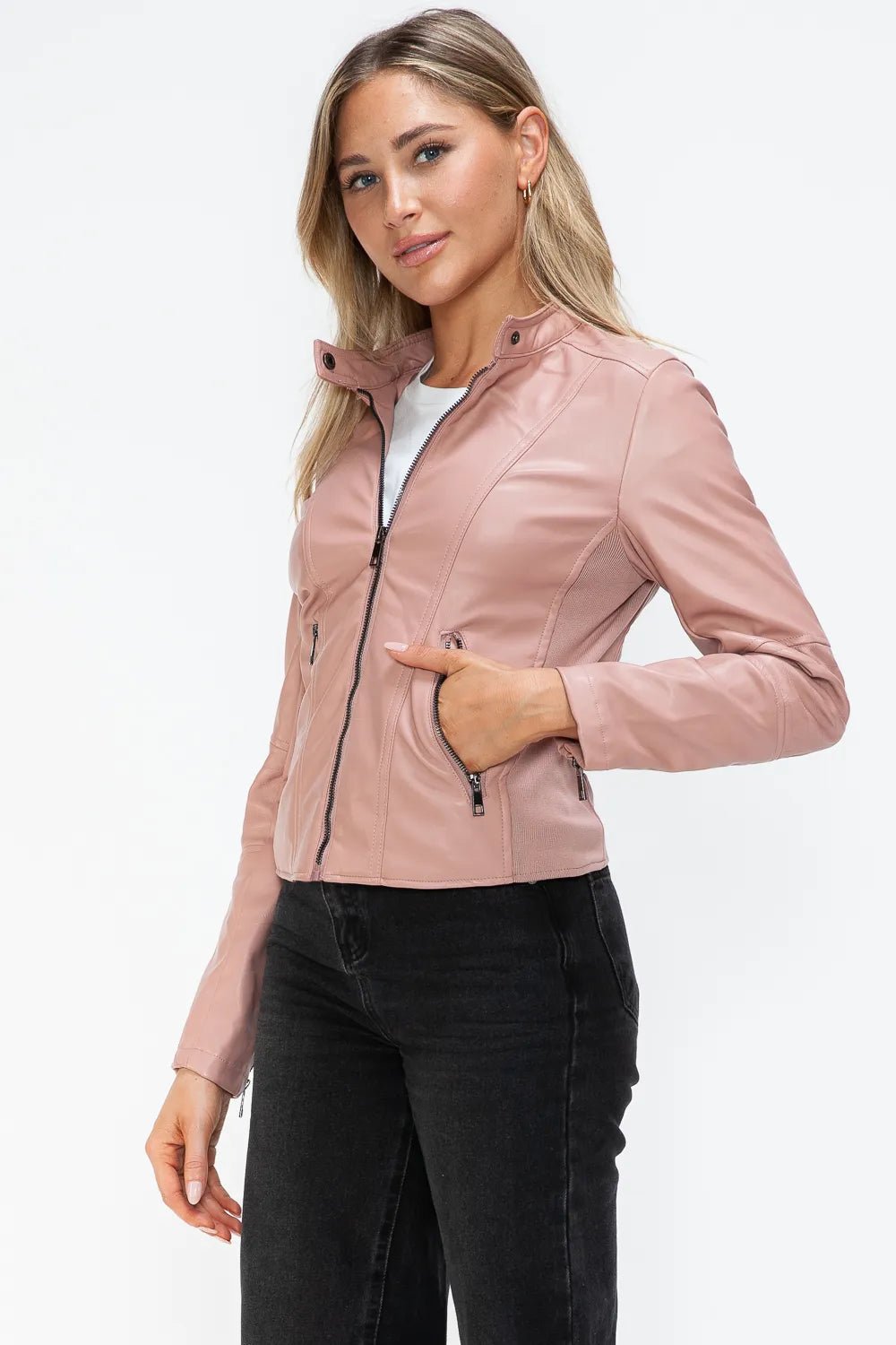 Snobbish Faux Leather Zip Up Drawstring Hooded Jacket - Cowgirltops.com