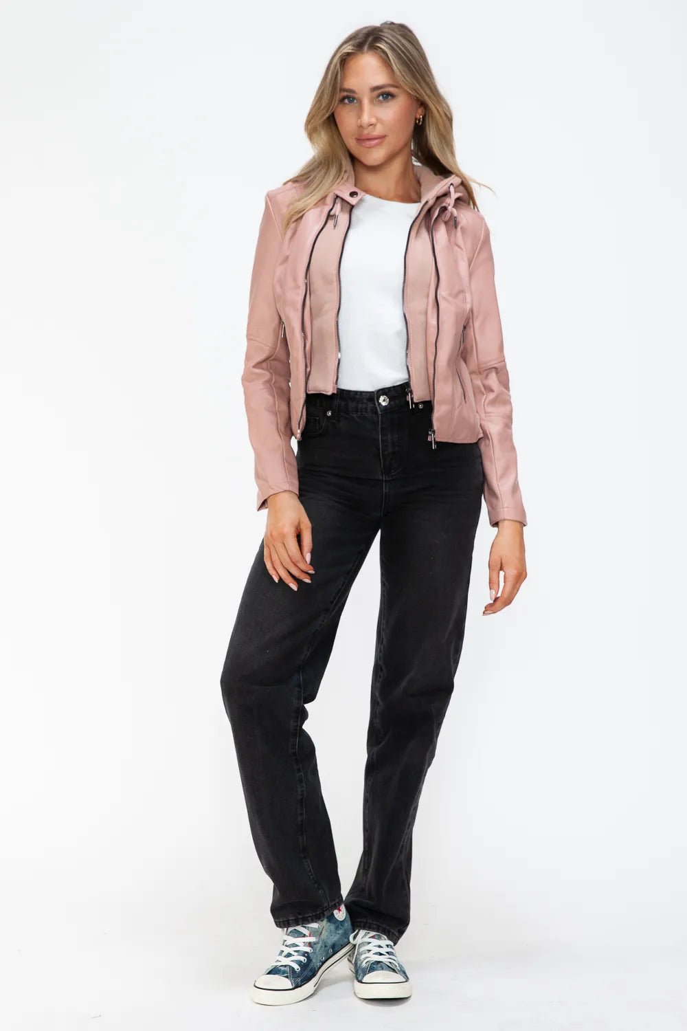 Snobbish Faux Leather Zip Up Drawstring Hooded Jacket - Cowgirltops.com