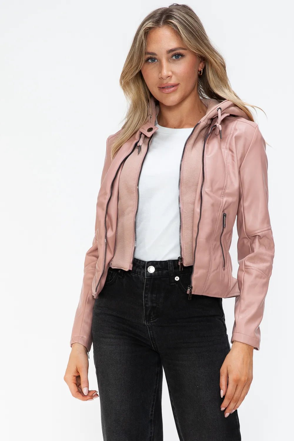 Snobbish Faux Leather Zip Up Drawstring Hooded Jacket - Cowgirltops.com