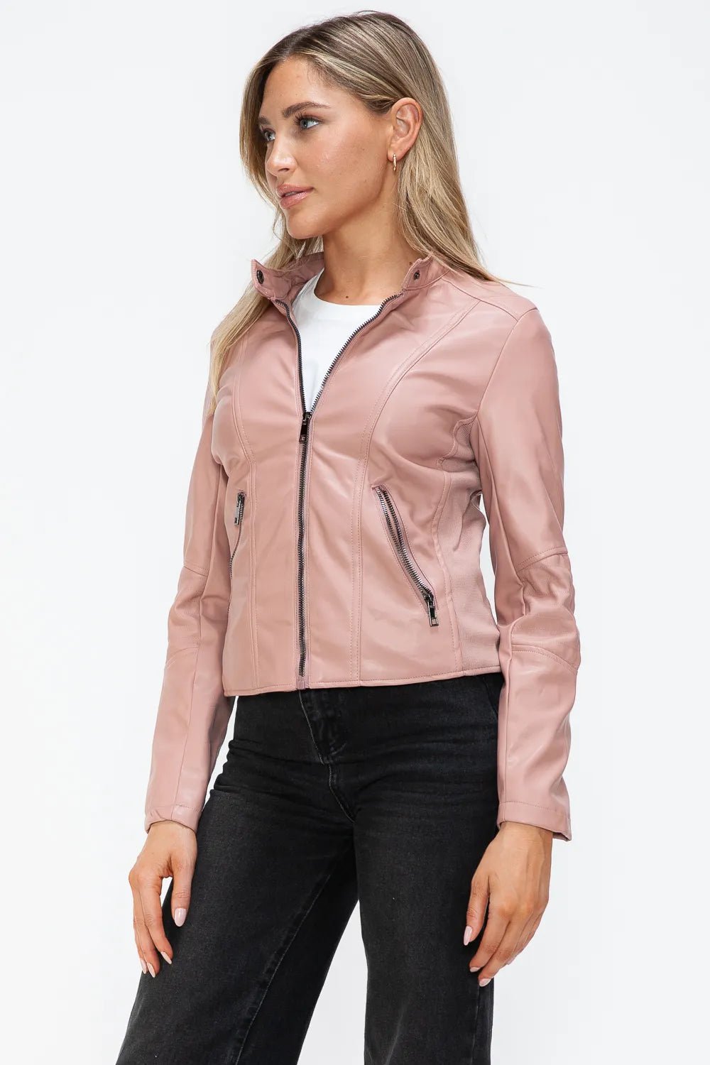 Snobbish Faux Leather Zip Up Drawstring Hooded Jacket - Cowgirltops.com