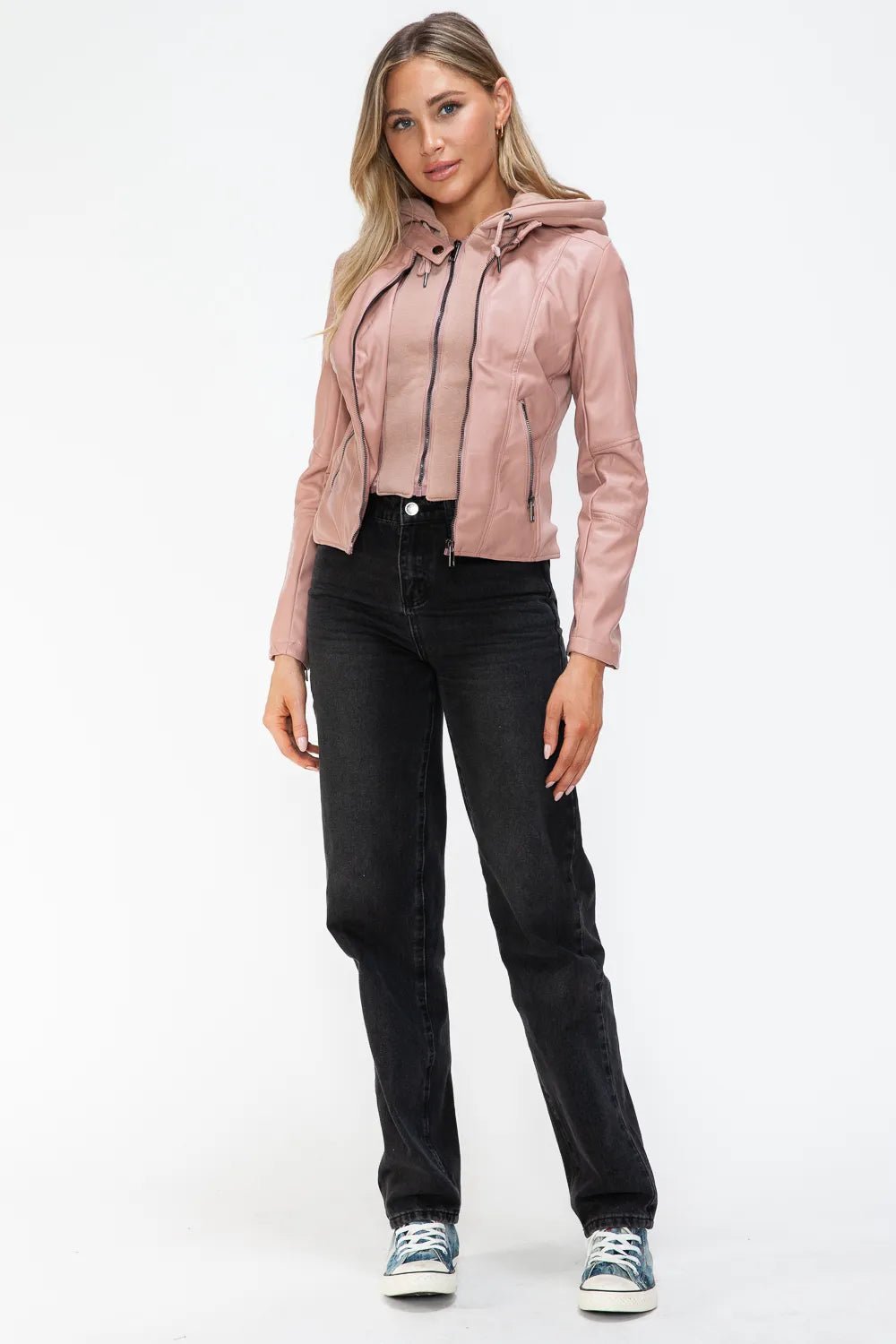 Snobbish Faux Leather Zip Up Drawstring Hooded Jacket - Cowgirltops.com