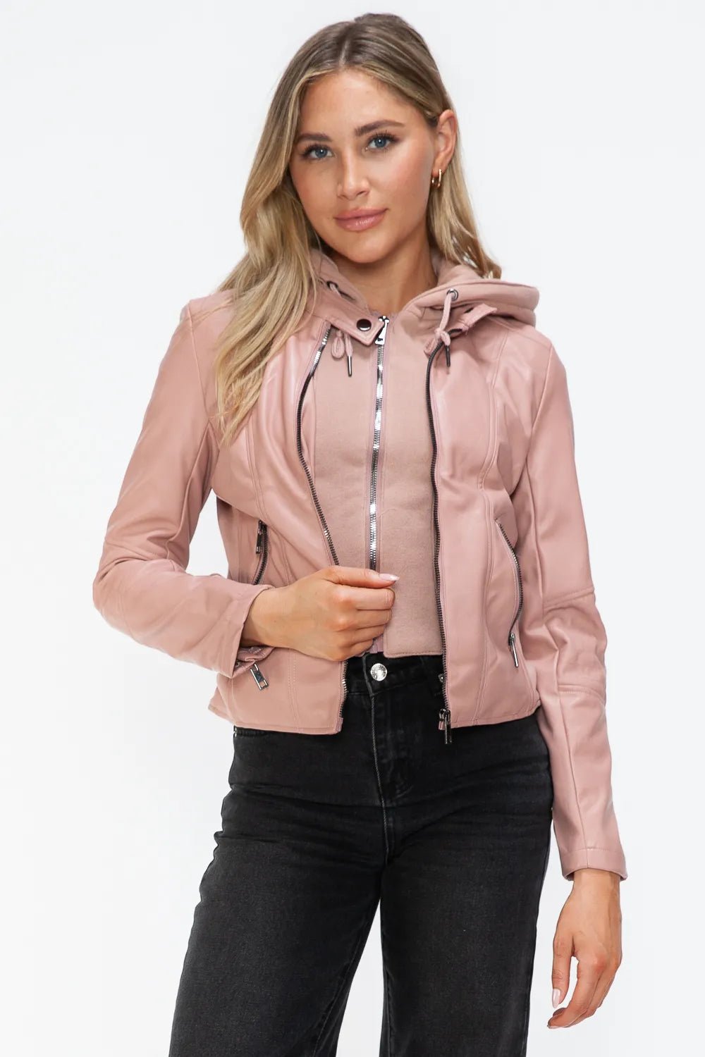 Snobbish Faux Leather Zip Up Drawstring Hooded Jacket - Cowgirltops.com