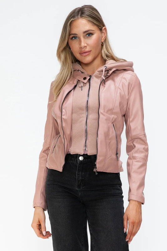 Snobbish Faux Leather Zip Up Drawstring Hooded Jacket - Cowgirltops.com