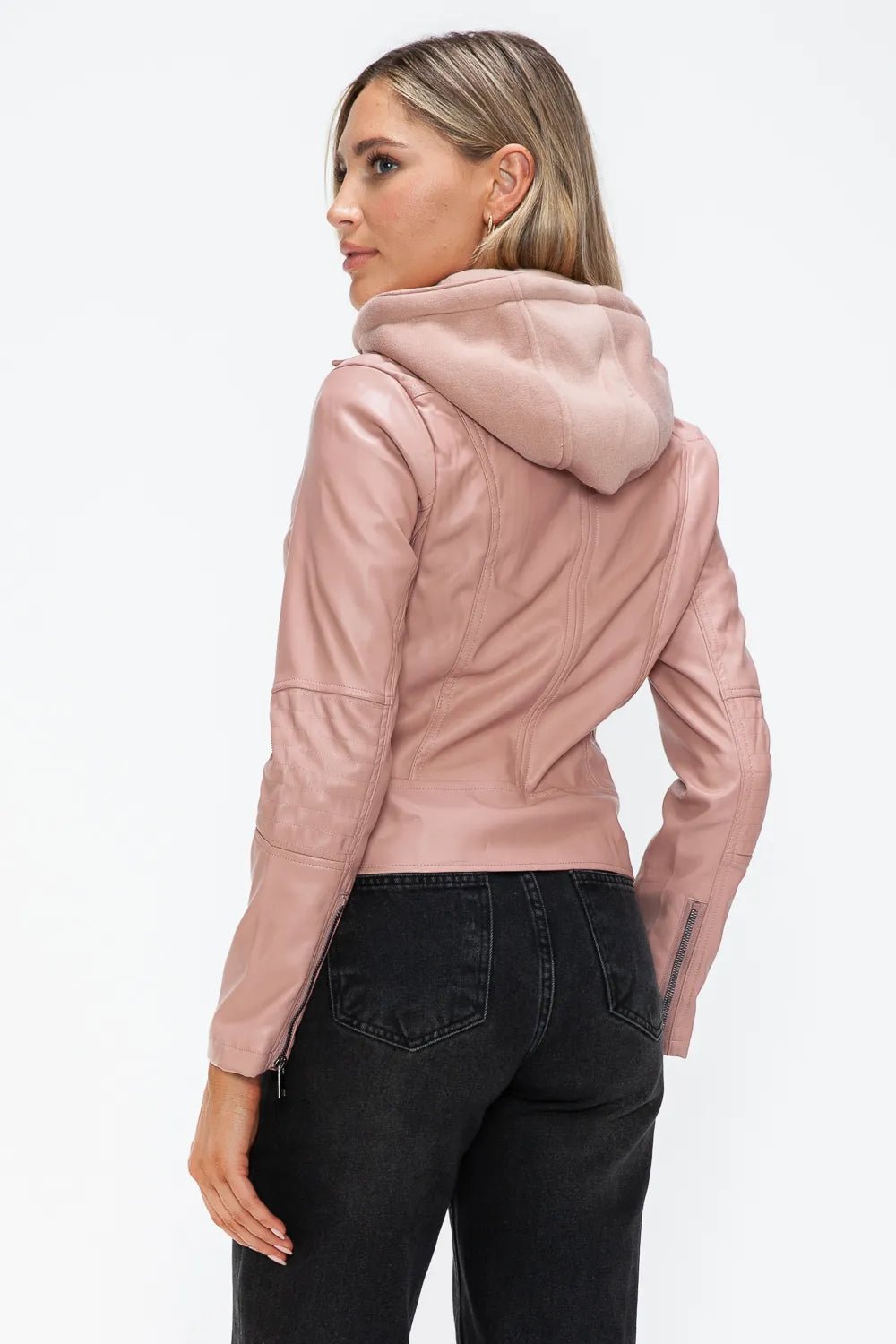 Snobbish Faux Leather Zip Up Drawstring Hooded Jacket - Cowgirltops.com