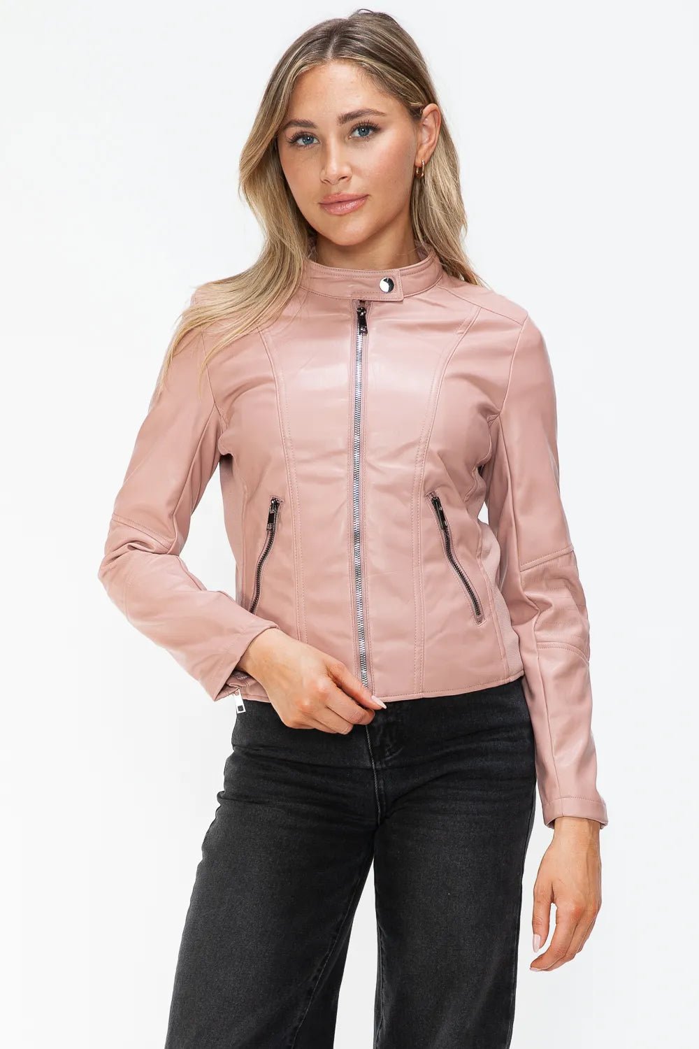 Snobbish Faux Leather Zip Up Drawstring Hooded Jacket - Cowgirltops.com