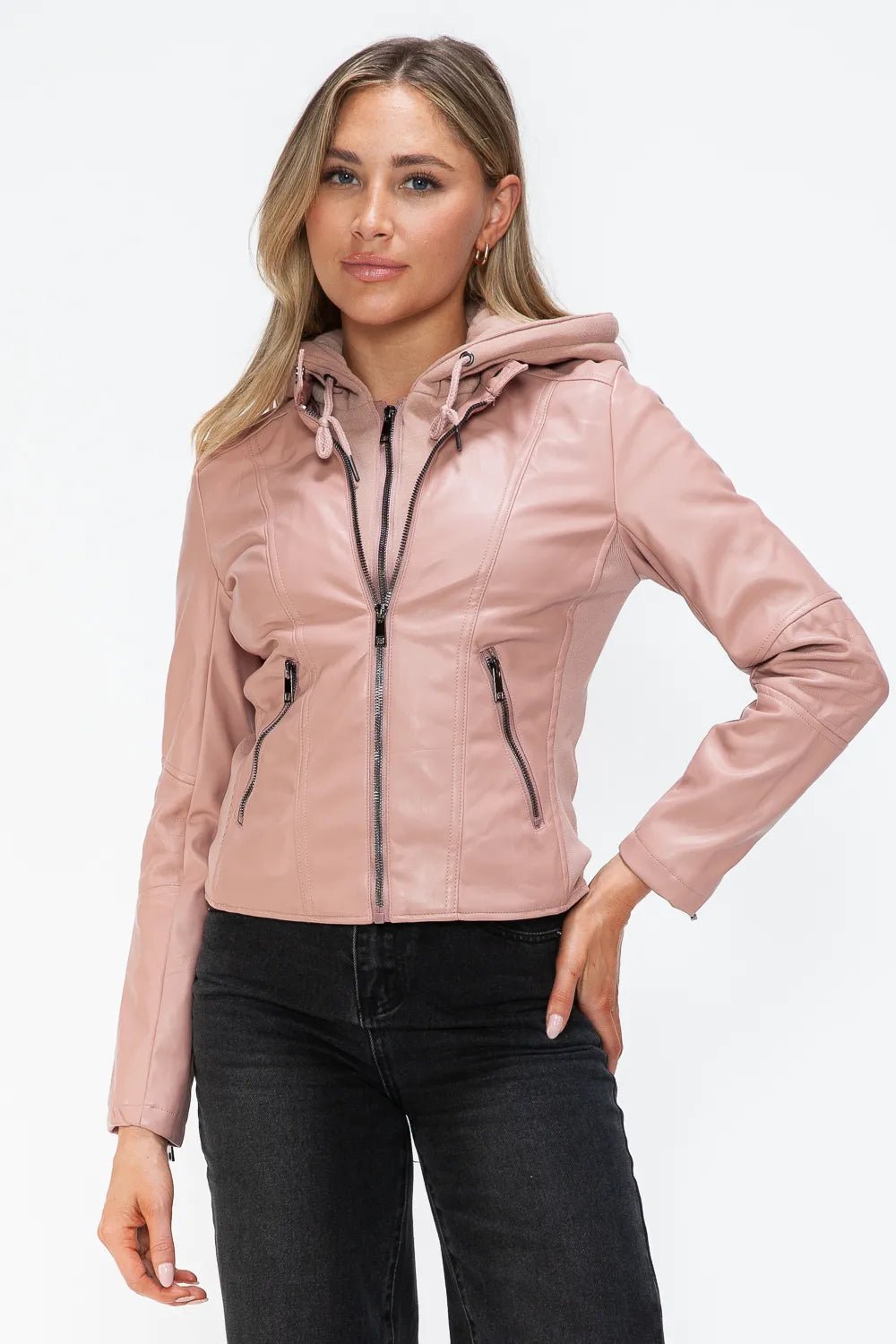 Snobbish Faux Leather Zip Up Drawstring Hooded Jacket - Cowgirltops.com