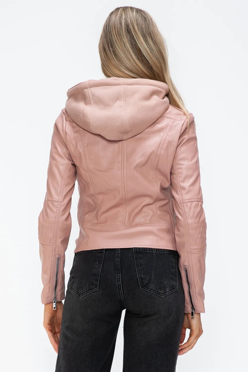 Snobbish Faux Leather Zip Up Drawstring Hooded Jacket - Cowgirltops.com